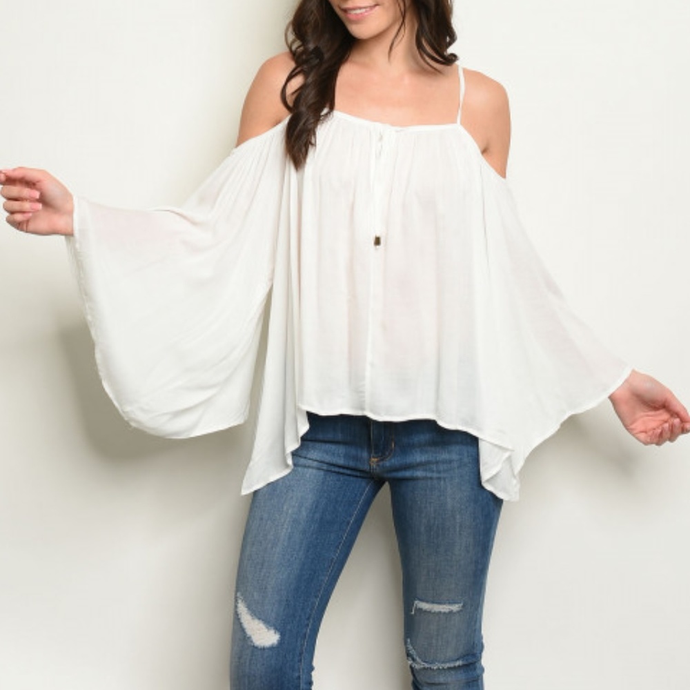 OVERSIZED BOHO STYLE COLD SHOULDER BELL SLEEVE TOP - Picture 5 of 8